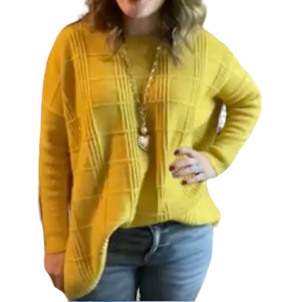 cabi Golden Yellow Oversized Long Sleeve Split Side Round Neck Sweater, Small